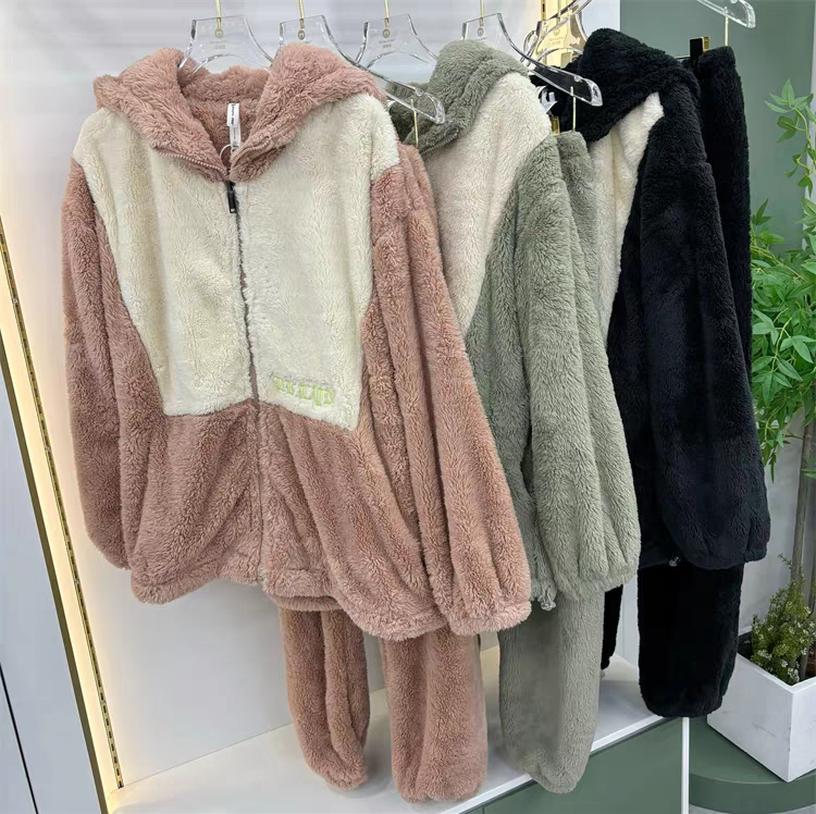 专柜同款亲嘴猫睡衣情侣新款连帽休闲拼色时尚拉链家居服R34605