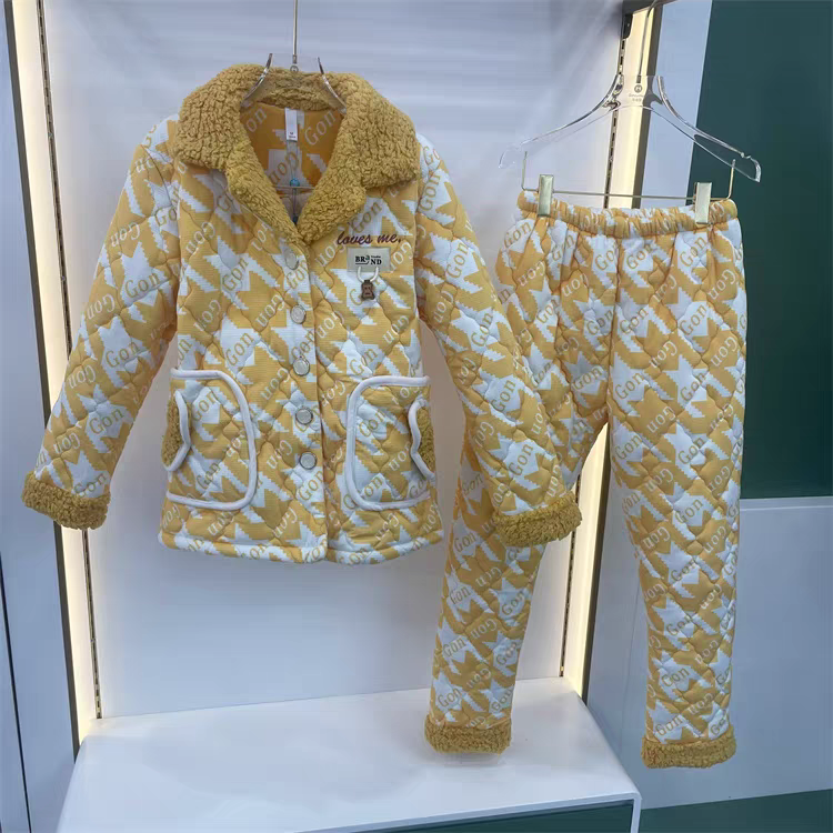 专柜同款川之藤睡衣女士冬季新款玉米格夹棉字母翻领家居服8817