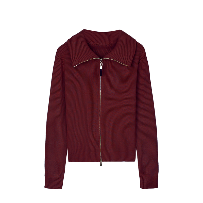 A 70005-1：秋季新款简约坑条翻领女双拉链外搭针织开衫