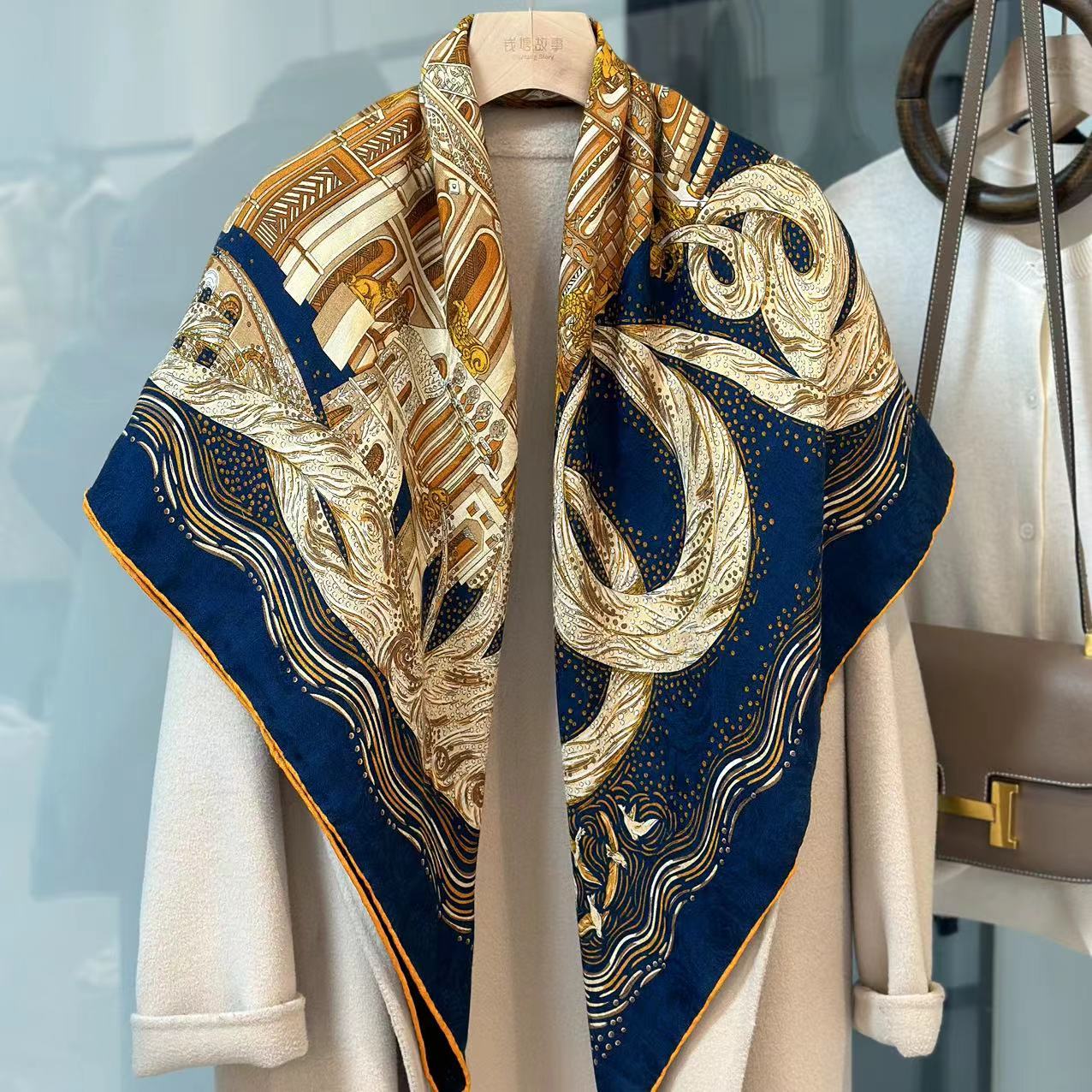 Qiantang Story/钱塘故事110丝绒-蓝黑巴别塔之河围巾108*108cm