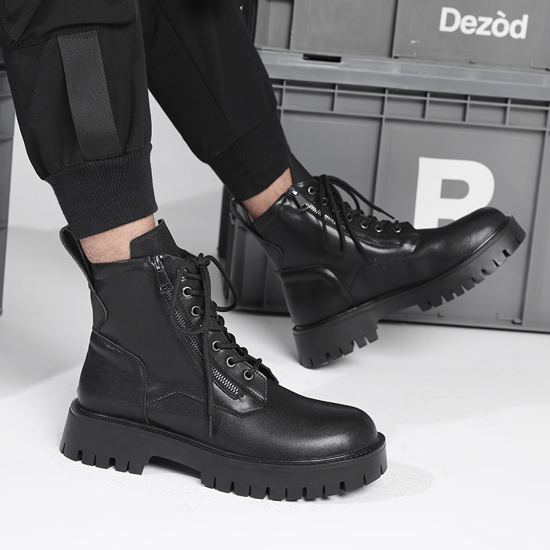 英伦风男士痞帅马丁靴内增高真皮潮流厚底工装鞋个性双拉链靴子男