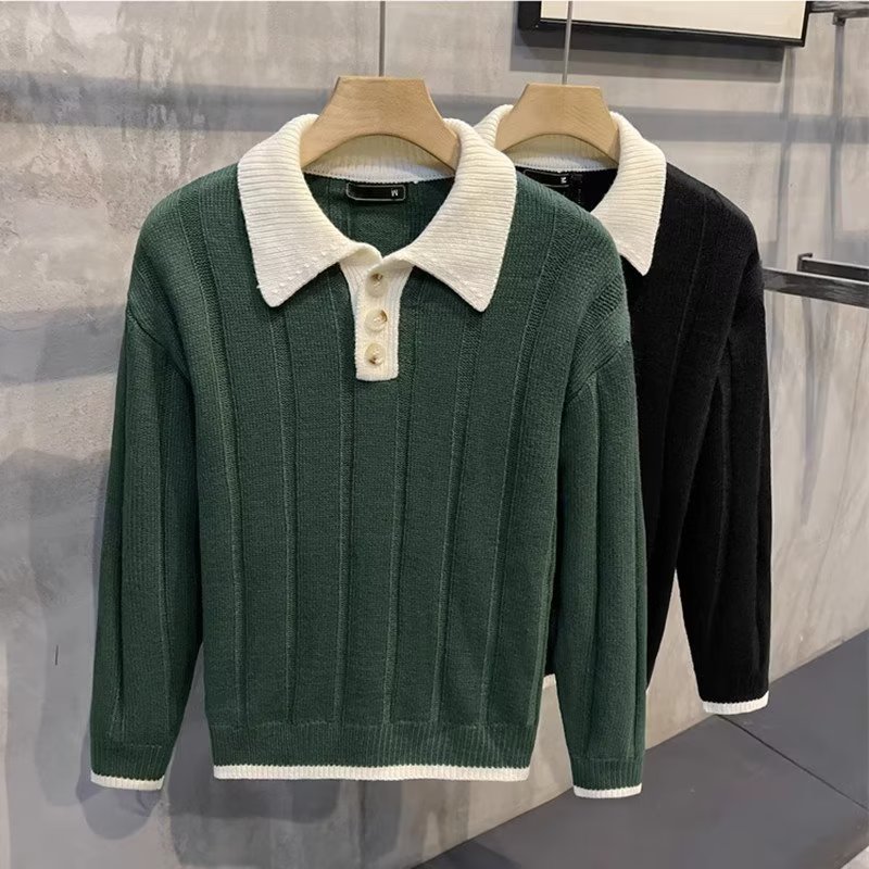 2024秋冬欧美修身撞色翻领长袖毛衣男时尚轻奢复古休闲长袖针织衫