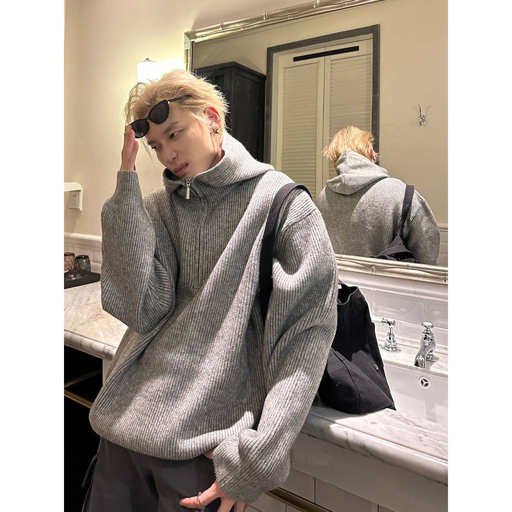 【优品】2023秋冬季春新款美式休闲宽松半拉链慵懒风连帽毛衣针织
