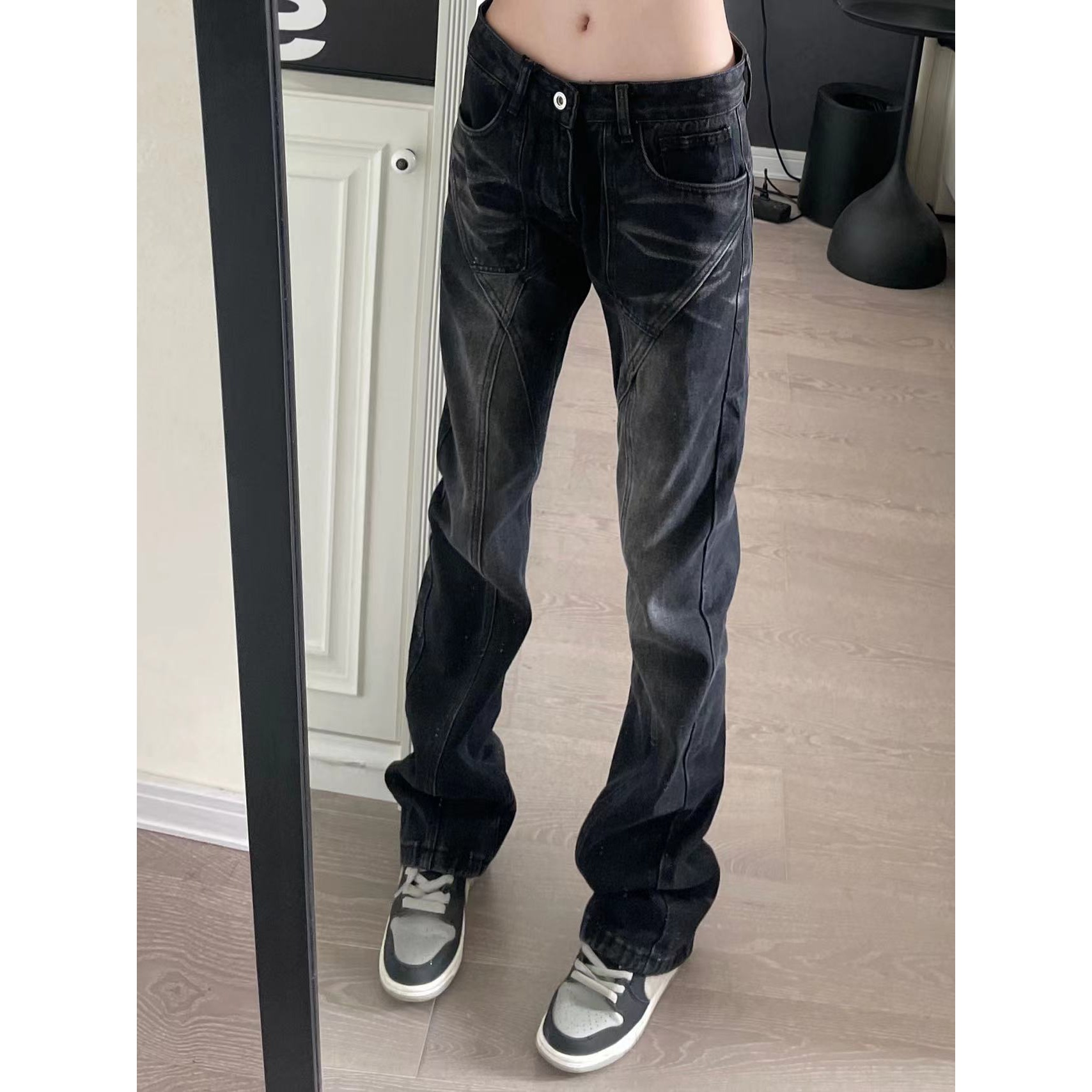 优品美式高街水洗黑色明辑线拼接牛仔裤潮牌男女嘻哈直筒宽松裤子
