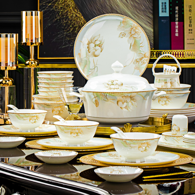 【金边莲影】56件套景德镇骨瓷餐具套装家用送礼新婚乔迁碗盘套装