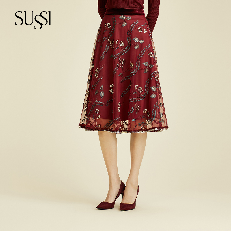 【安哥拉酒红】SUSSI古色冬季新品酒红网纱刺绣A字裙半身裙喜服礼服