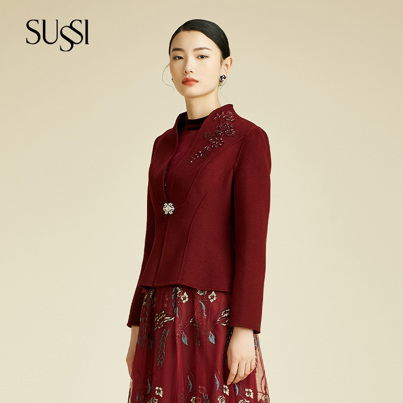 【安哥拉酒红】古色冬新品商场同款酒红立领双面呢西装喜服外套女