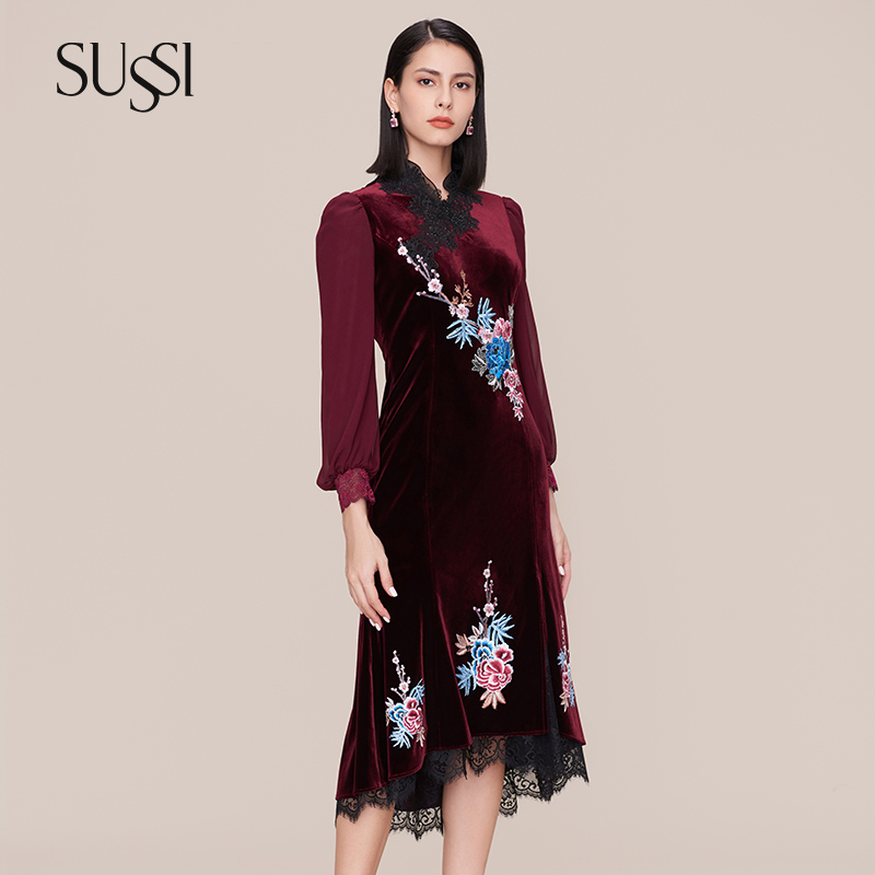 【豫象.颐】SUSSI古色冬季新品商场同款刺绣丝绒妈妈婚宴礼服洋装