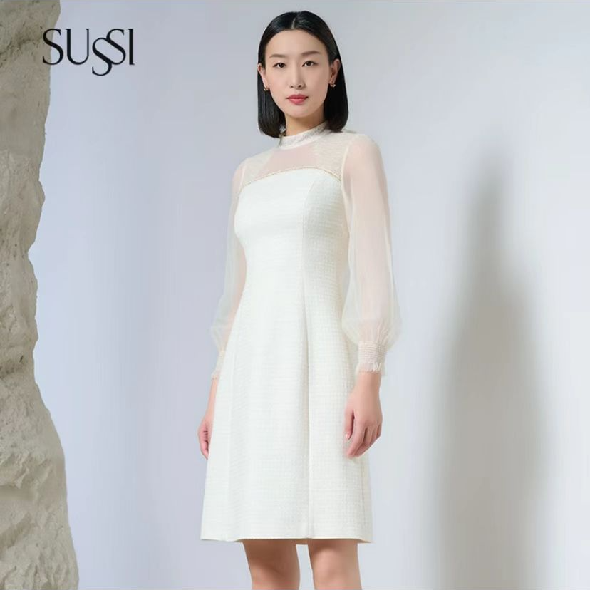 【双十二王炸】古色新品商场同款米白色通勤花呢小香风雪纺连衣裙女