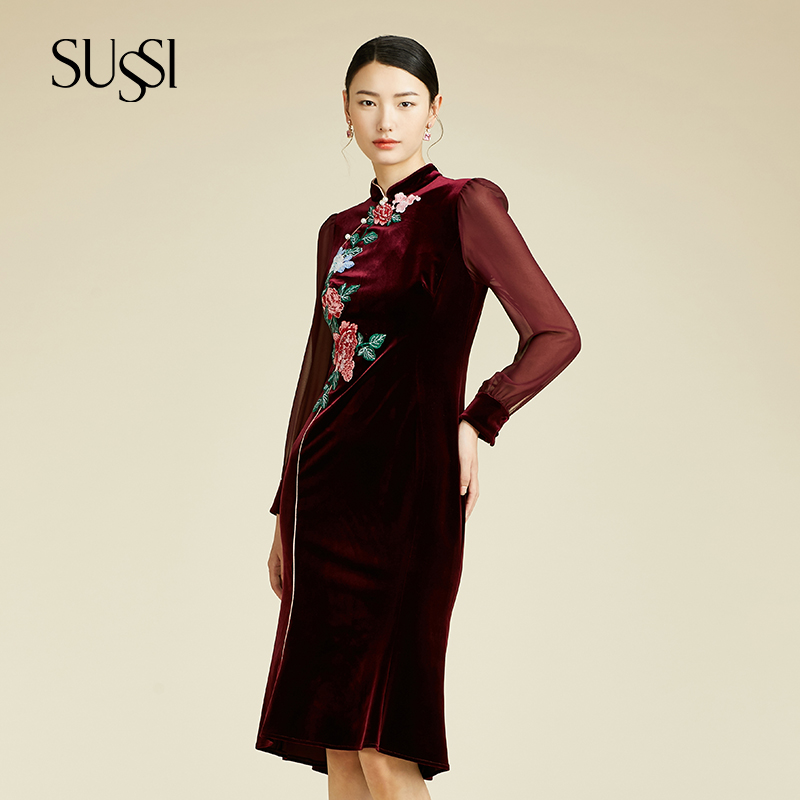 【商场同款】SUSSI/古色秋季新品新中式改良旗袍刺绣连衣裙喜装女