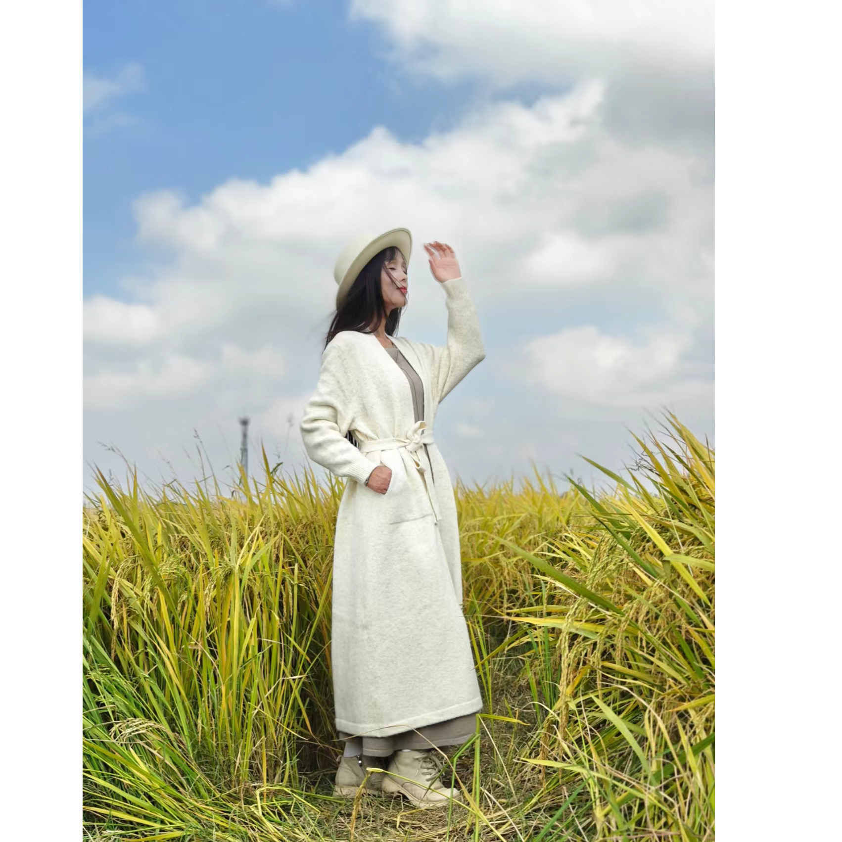 #8671长款针织开衫系带毛衣外套女秋冬新款宽松软糯过膝加厚外搭