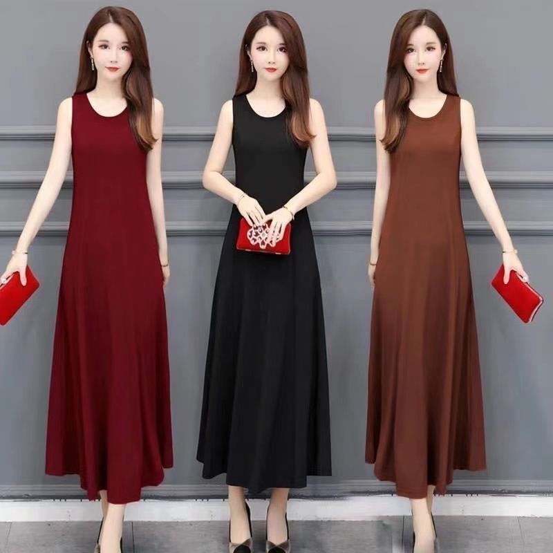 2023胖MM无袖吊带背心连衣裙子女长款大码夏季新款遮肚过膝长裙