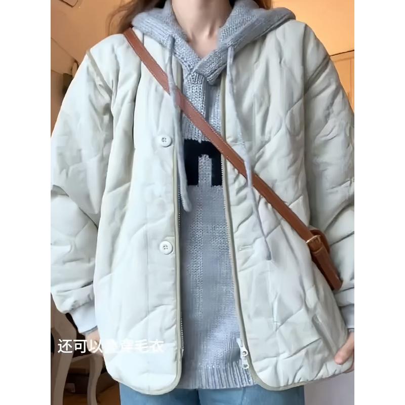 日系美拉德宽松菱格绗缝棉服薄款外套小个子秋冬学院风夹克棒球服