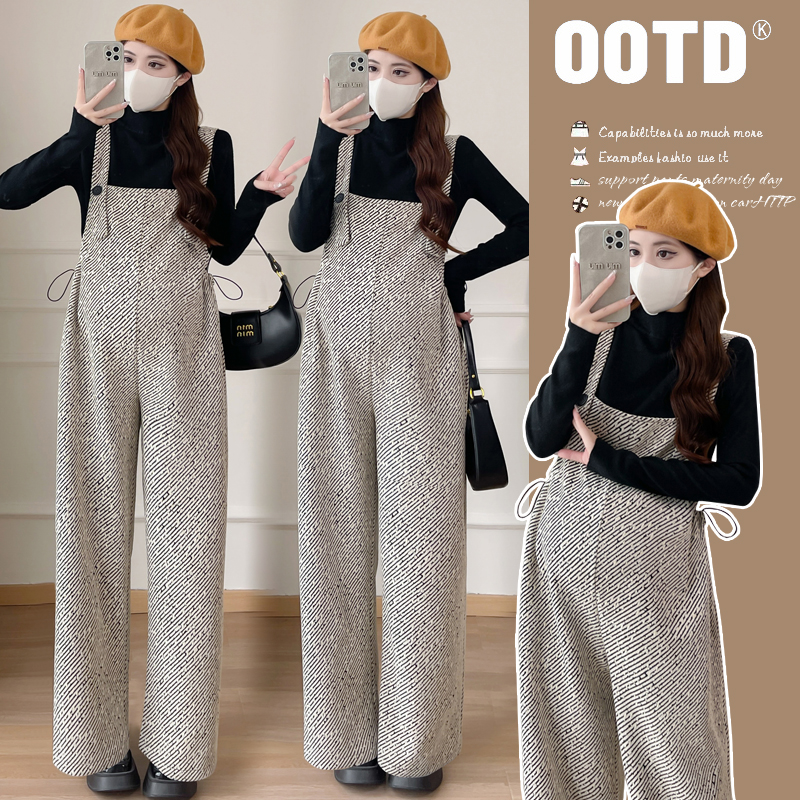 孕妇冬季条纹宽松显瘦百搭孕妇针织上衣+背带裤前后两穿百搭新款