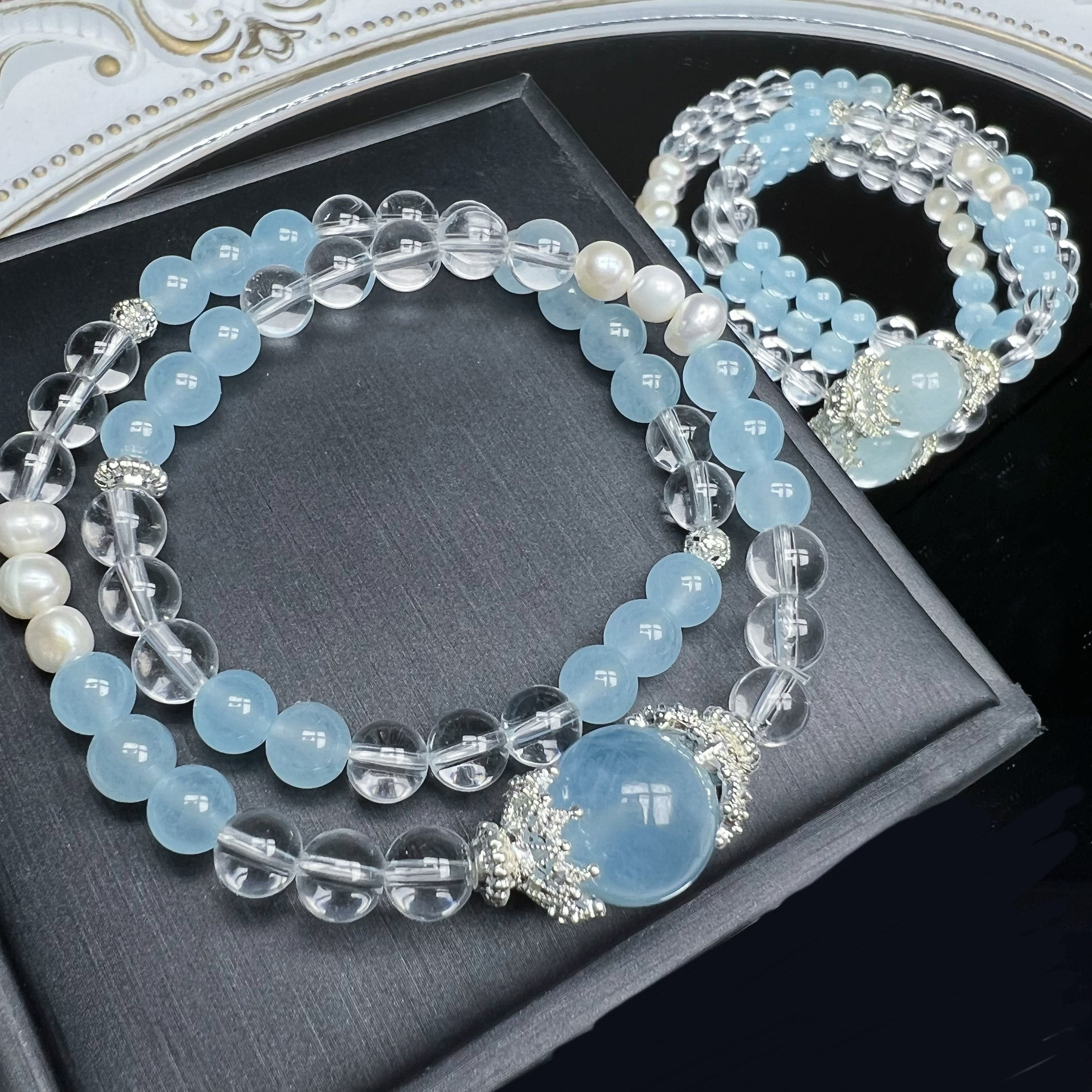 青尔珠宝 天然海蓝宝白水晶双圈手串手链diy（多样性发一条）蓝色