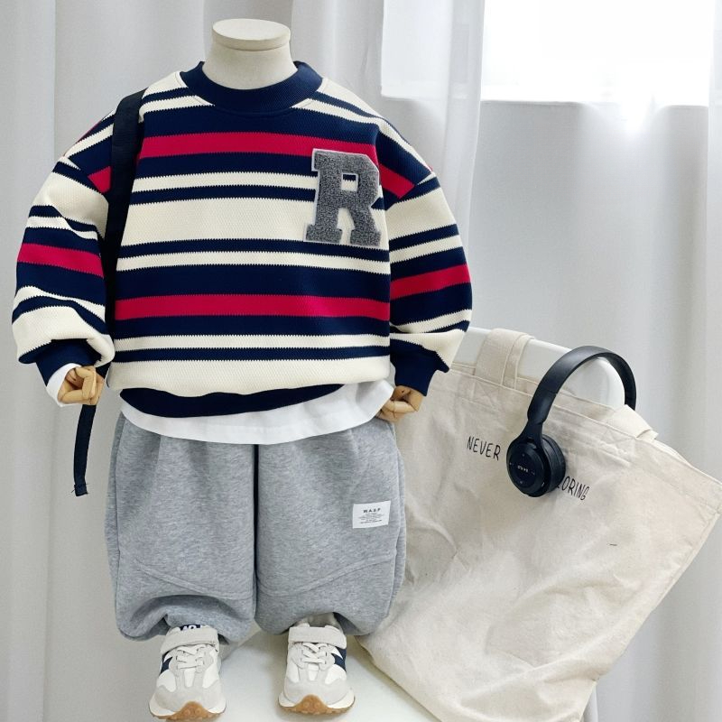 男童秋冬装2024年新款毛巾绣字母条纹一体绒加厚卫衣超保暖潮流款