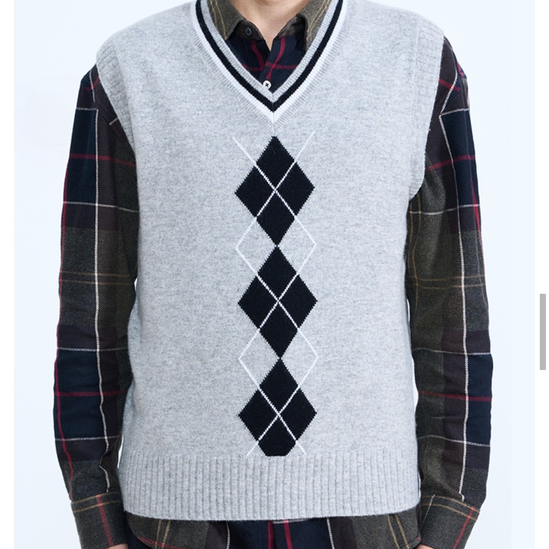源头厂家直销男装100%羊绒V领菱格提花马甲
