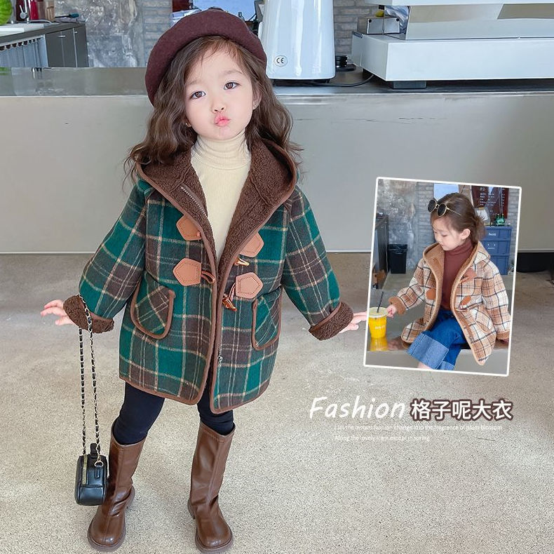 女童毛呢外套加绒儿童2023新款中长款羊角扣风衣宝宝休闲呢子大衣