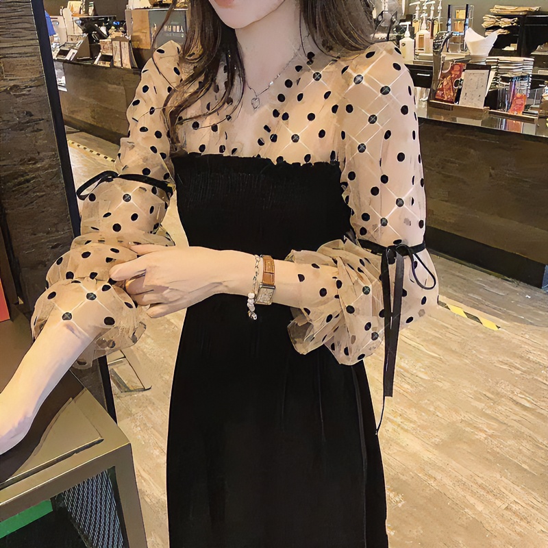 v领长袖连衣裙女春秋季拼接波点网纱收腰显瘦气质女神范丝绒长裙