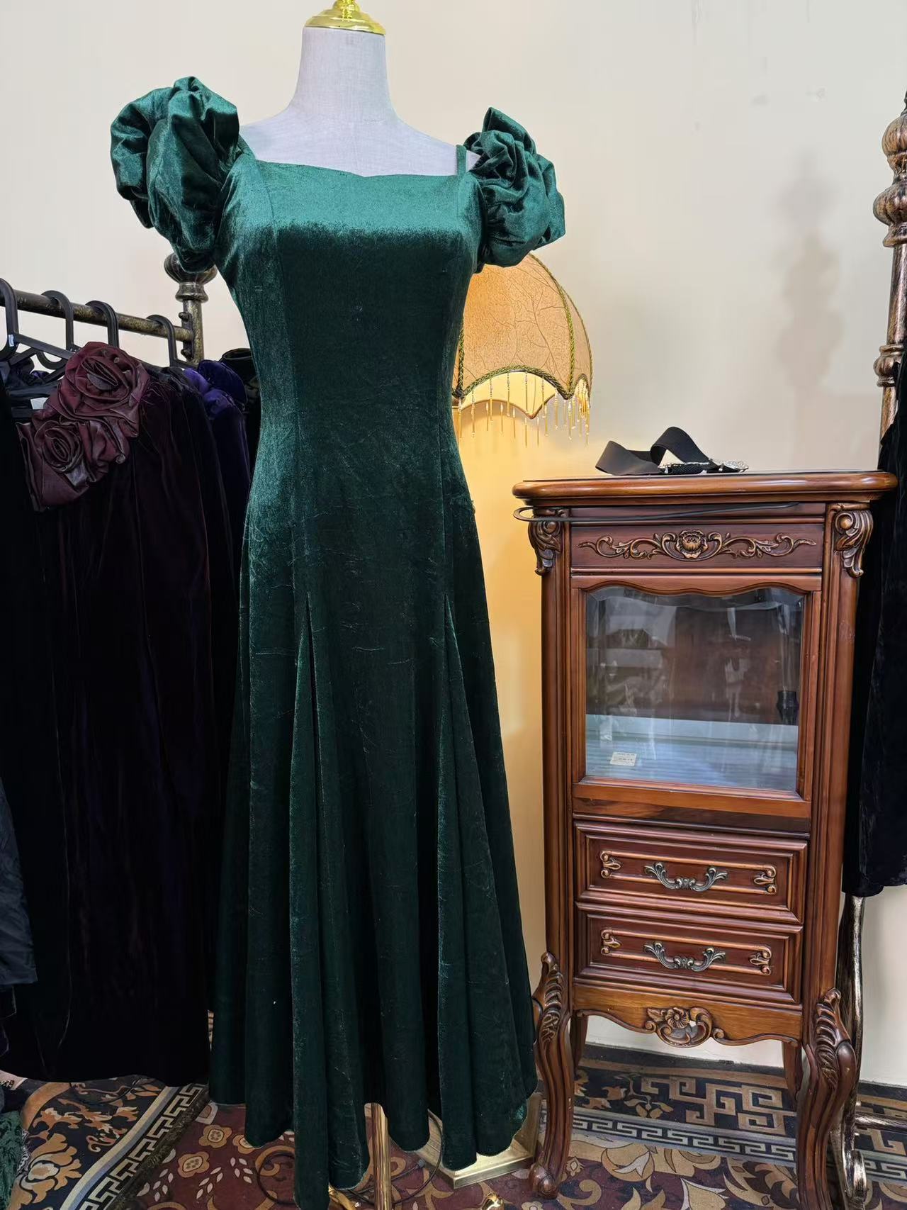 Vintage古着丝绒连衣裙蕾丝复古港风斜裁绣花重工旗袍鱼尾裙