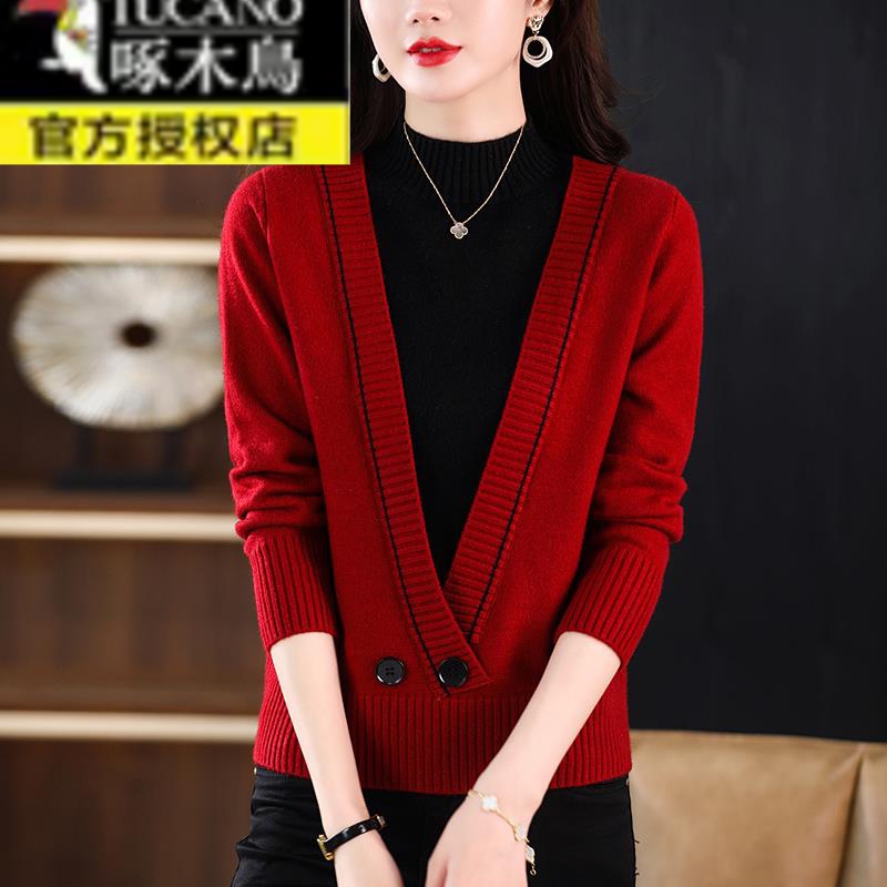 假两件针织衫女2023新款春秋季时尚上衣宽松短款毛衣女打底衫秋冬