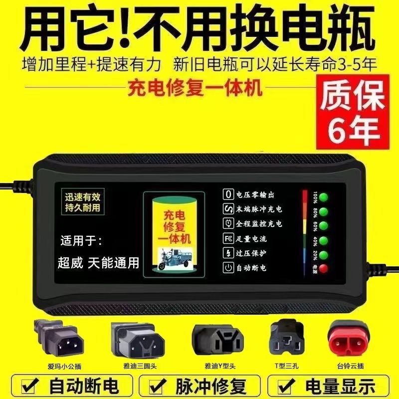 自动断电 电动车电瓶充电器48V60V72V20AH通用爱玛雅迪台铃转换头
