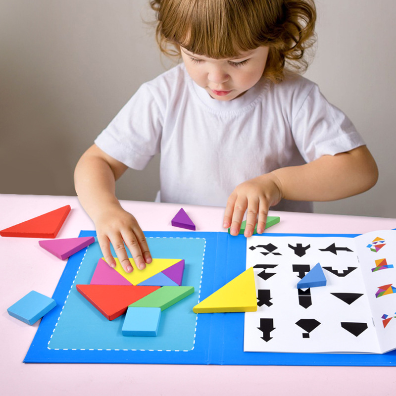 儿童磁性书夹式七巧板早教智力开发木制教具数学几何形状拼图拼板