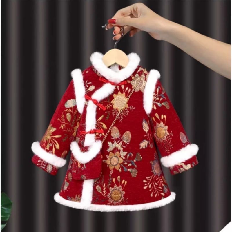 女童拜年汉服冬装加绒加厚新款中国过年唐装儿童宝宝旗袍新年衣服