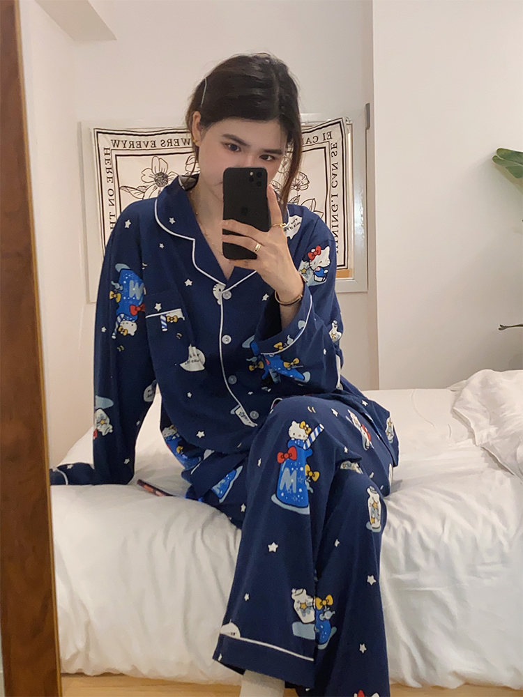 日系卡通凯蒂猫纯棉睡衣女秋冬kitty开衫ins长袖长裤家居服两件套