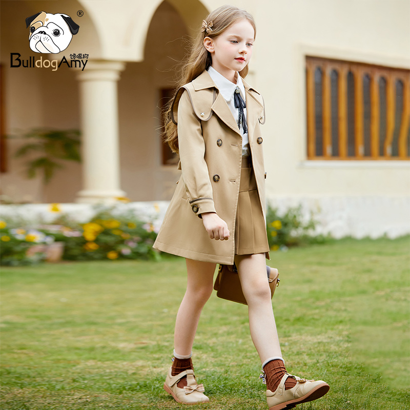 FF931002女童双排扣风衣新款洋气英伦风儿童双层翻领外套