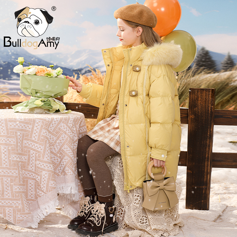 女童羽绒服2025冬季儿童90白鸭绒真狐狸毛领洋气连帽加厚外套