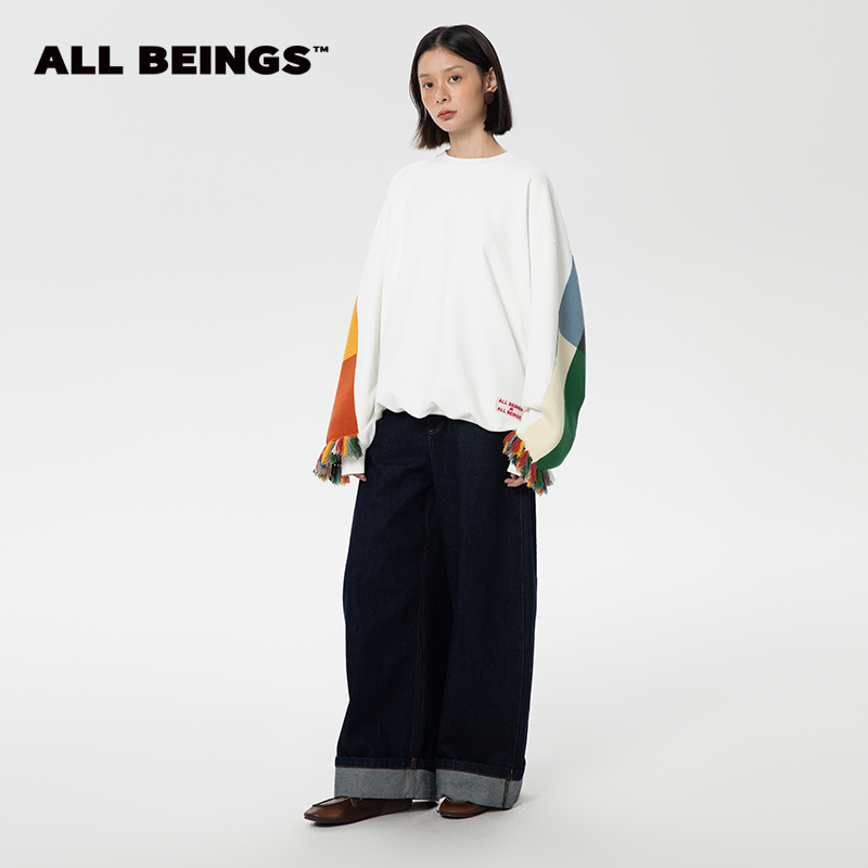 ALL BEINGS24AW新款上新厚款设计感 大廓形流苏围巾拼接圆领卫衣
