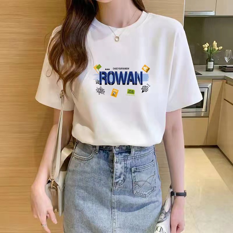 夏季新款印花短袖t恤女上衣短款圆领100棉宽松半袖【ROWAN】潮