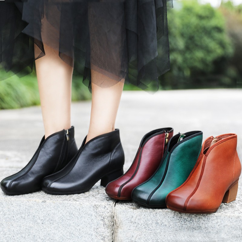 清仓设计感复古妈妈马丁靴女款春秋真皮高跟女士小短靴子气质名媛