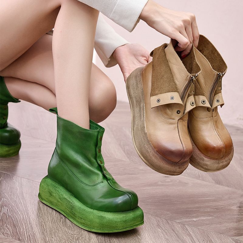 复古厚底马丁靴女新款春秋短筒女鞋真皮冬季加绒骑士靴高跟短靴子