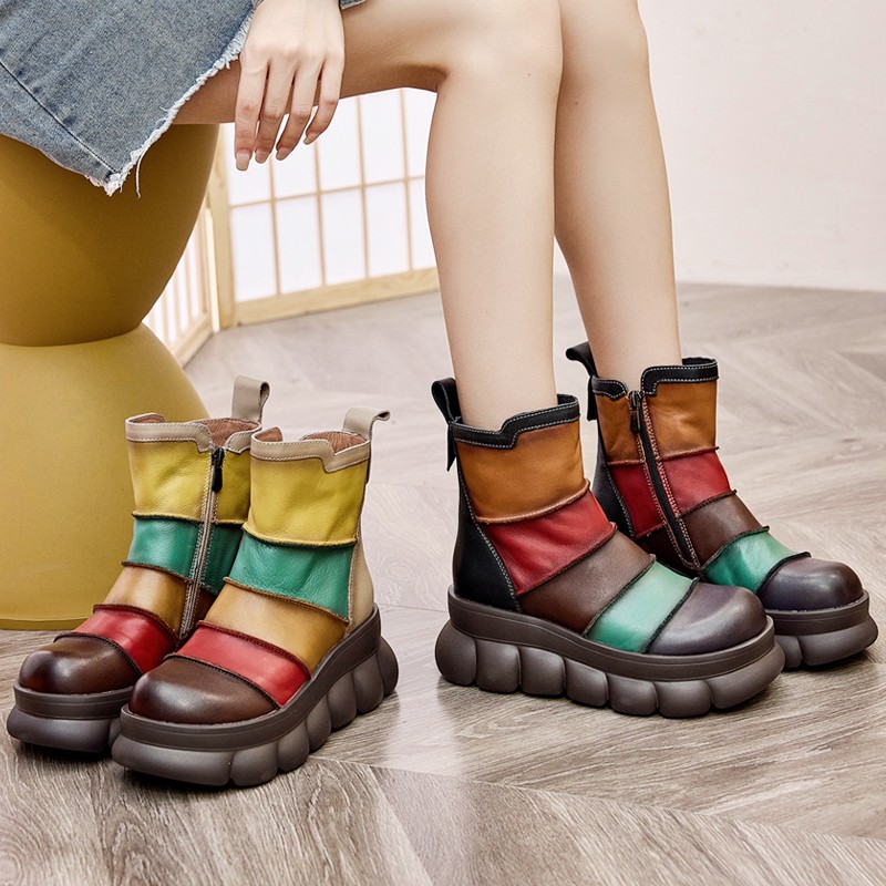 新国风厚底马丁靴女新款秋冬季加绒短筒女鞋真皮拼色彩虹小短靴子