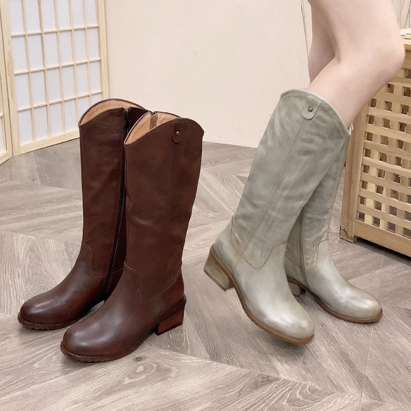 废土风高筒靴女新款春秋单靴冬季加绒女靴复古粗跟简约及膝长靴子