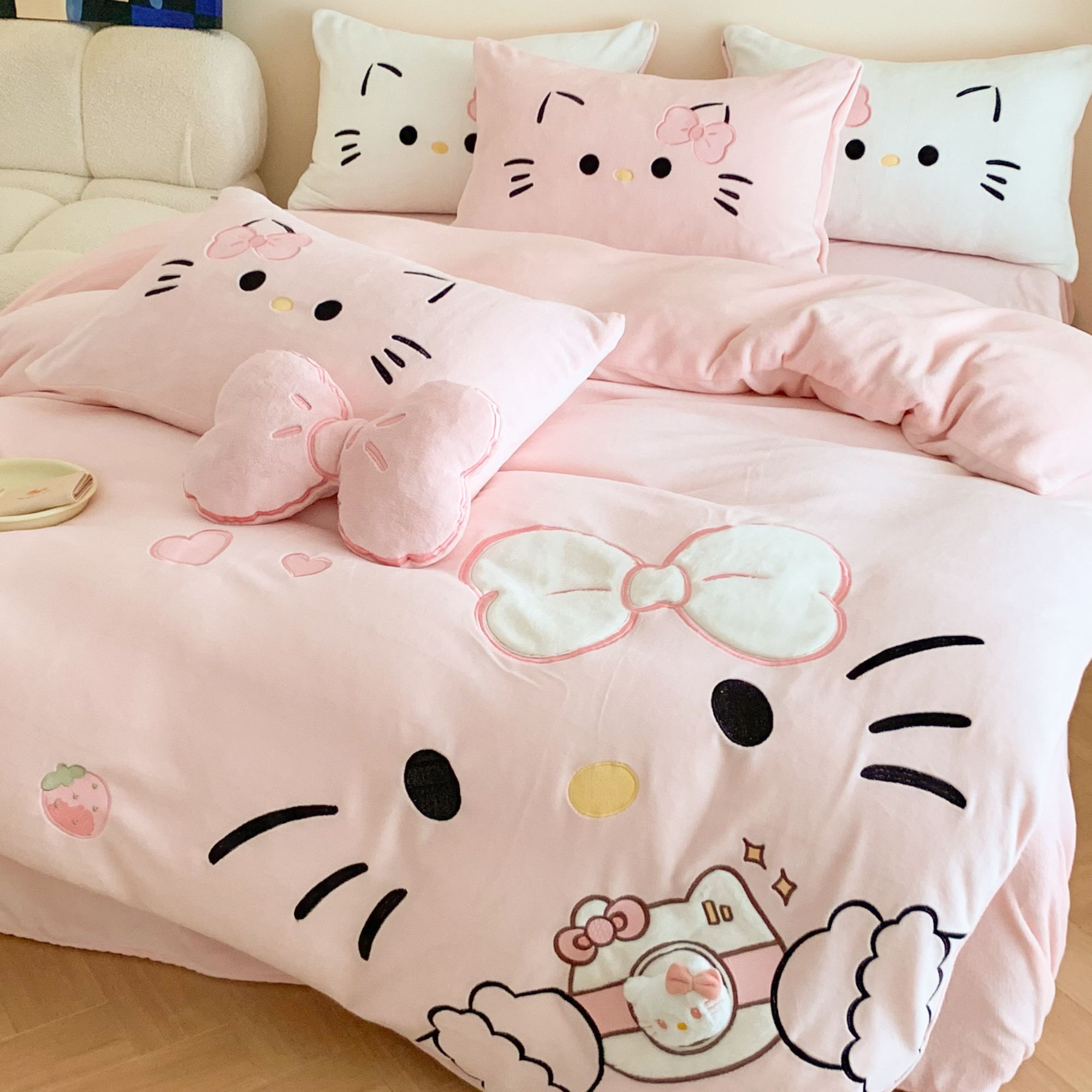 【可爱猫猫】冬季加厚双面牛奶绒保暖贴布绣加绒女孩粉色四件套