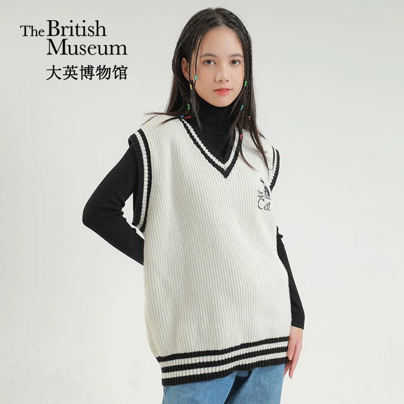 大英博物馆盖亚安德森猫羊毛V领毛衣叠穿针织背心男女同款