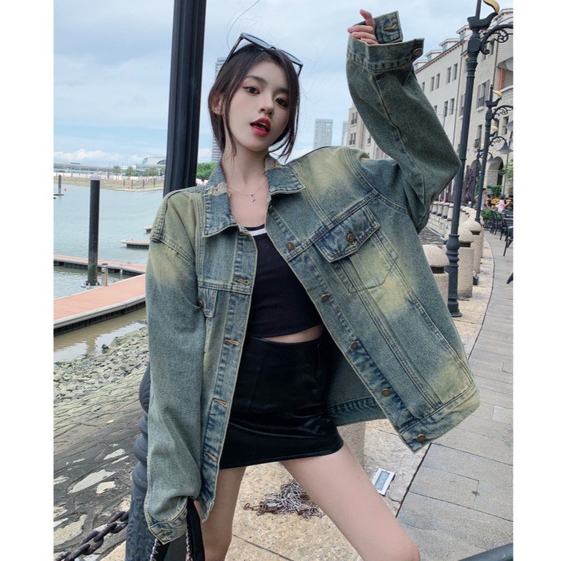 美式街头复古做旧水洗牛仔外套潮男女秋宽松设计感百搭上衣港风