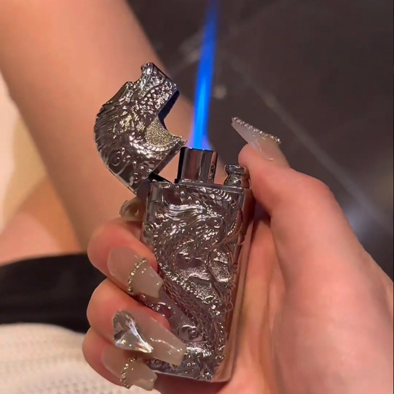 高档龙年金属双火直冲打火机防风蓝焰立体浮雕神龙礼物送男友老公