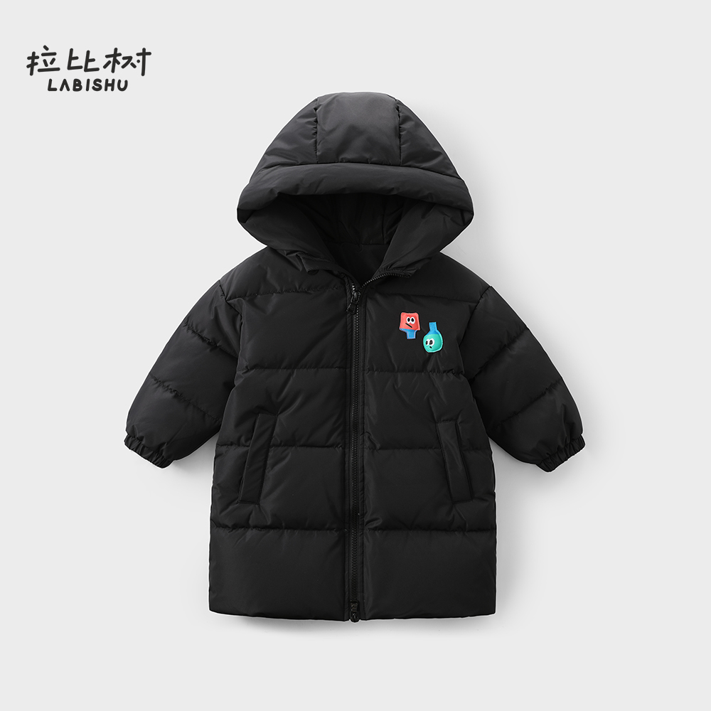 拉比树2024冬季新款三防羽绒服男童连帽中长款鸭绒加厚保暖纯色款