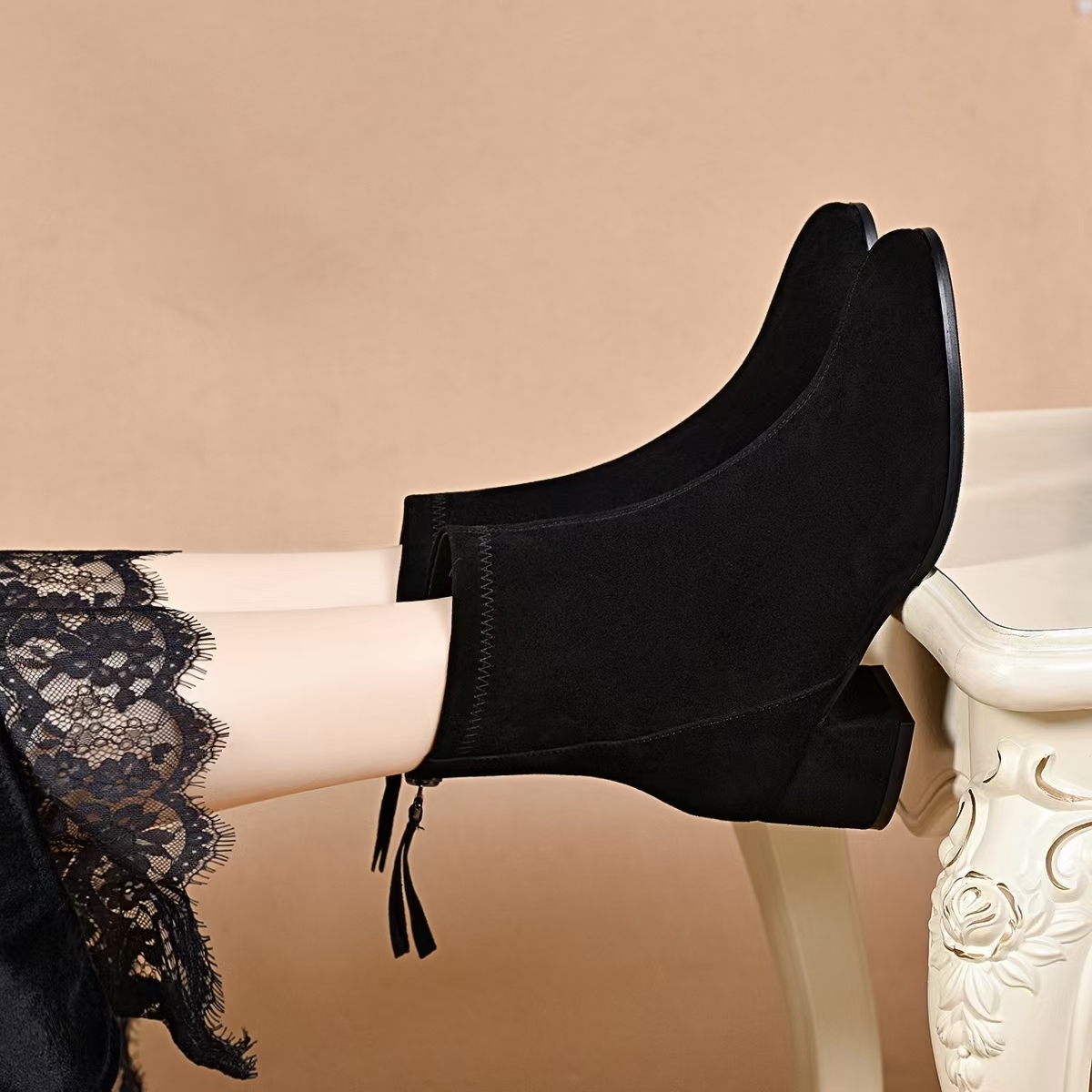 羊皮磨砂后拉链短靴女2024年秋冬季真皮粗跟短靴圆头绒面短靴粗跟