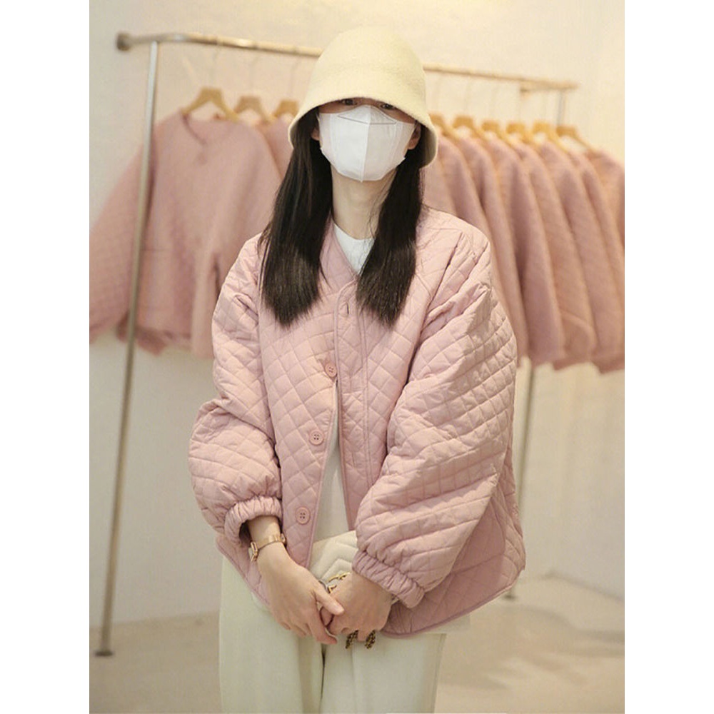 小个子粉色菱格棉衣棉服女冬季2023新款韩系高级感夹棉上衣外套女