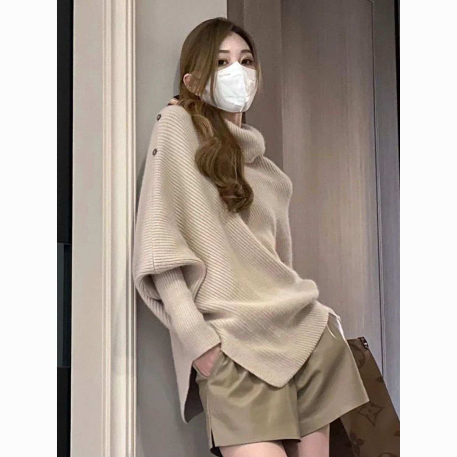 不规则高领长袖针织衫女秋冬季慵懒风宽松外穿中长款软糯套头毛衣