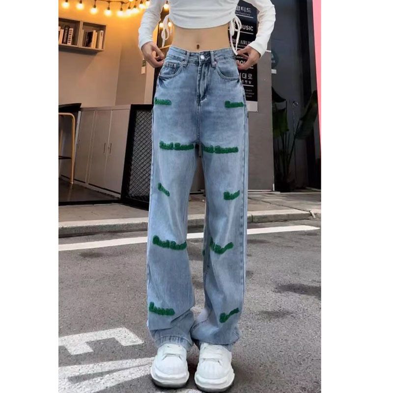 毛巾绣高街辣妹直筒牛仔裤女2023秋冬款刺绣字母高腰显瘦阔腿裤子