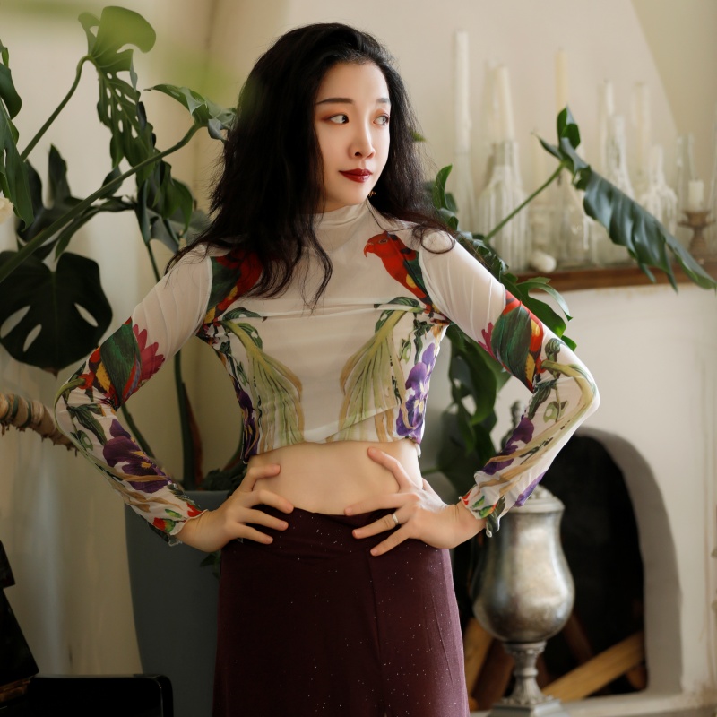 纪小白原创网纱打底衣肚皮舞东方舞舞蹈练功服定位白底短上衣四季