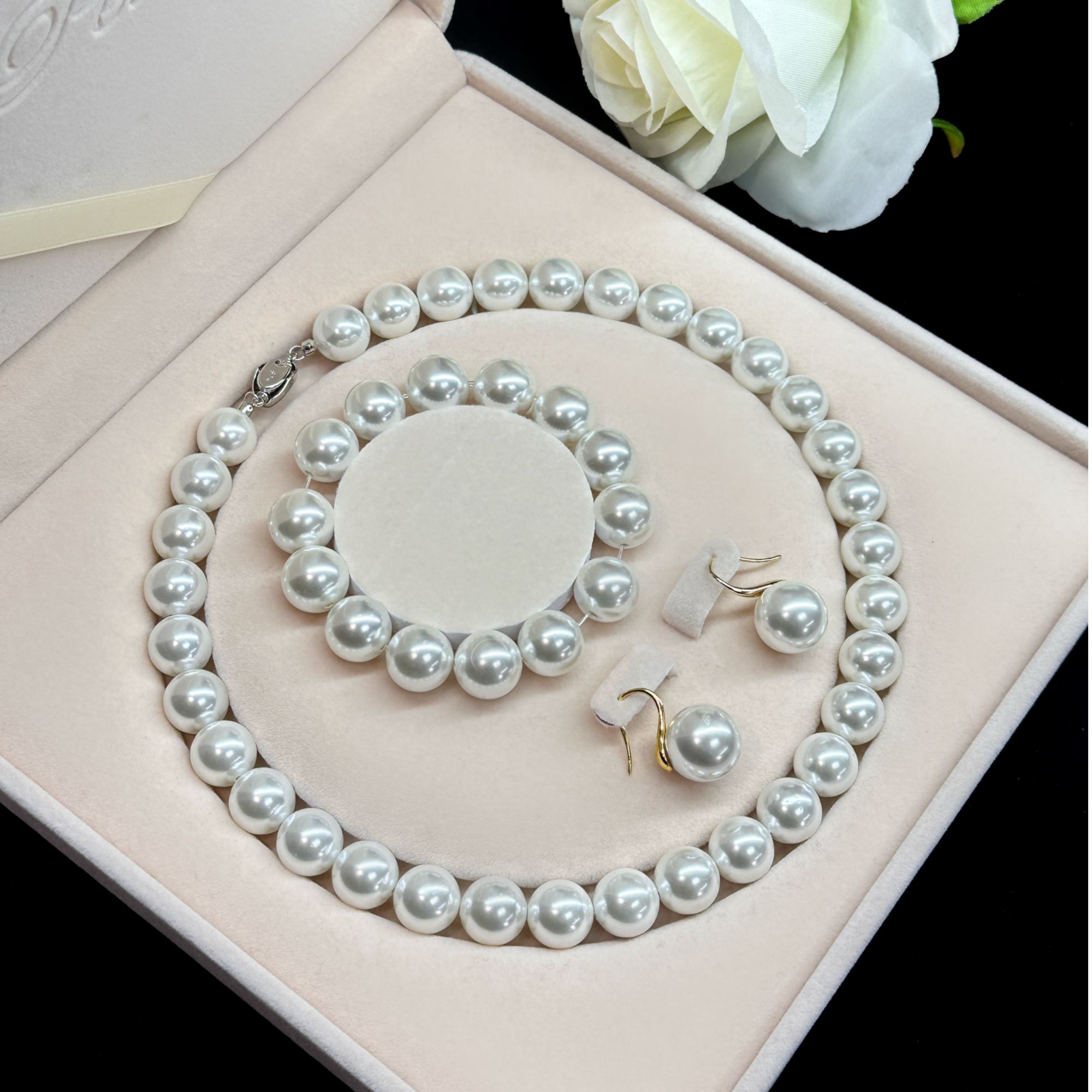 【大龙珠套盒】 高级经典正圆极强光大龙珠手链耳环套装