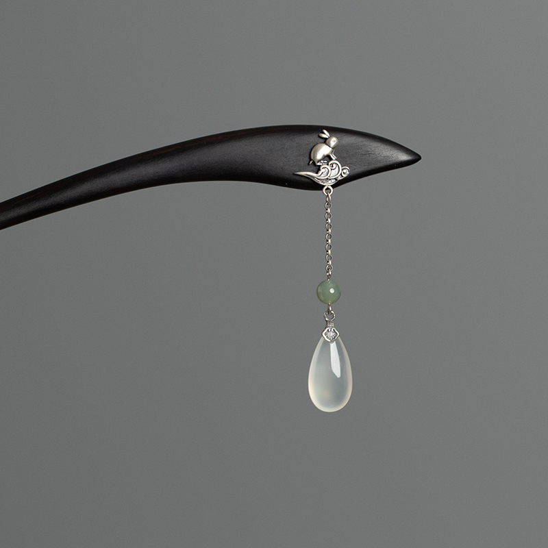 祥云玉兔新中式发簪S925纯银做旧银檀木簪子古风汉服旗袍盘发木簪