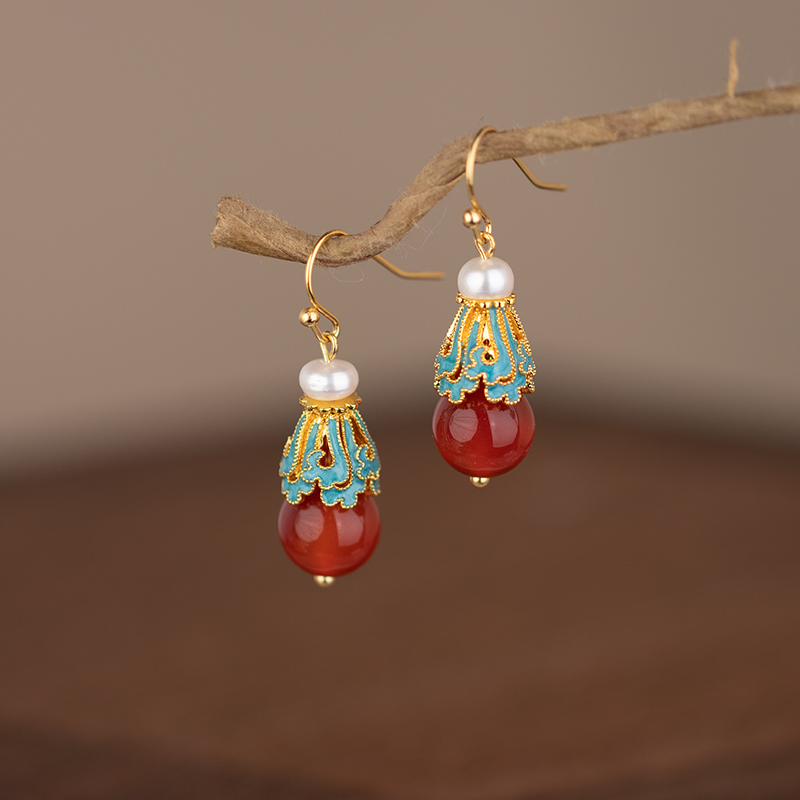 珍珠玛瑙烧蓝耳环大气古典新中式耳饰新娘汉服旗袍耳坠